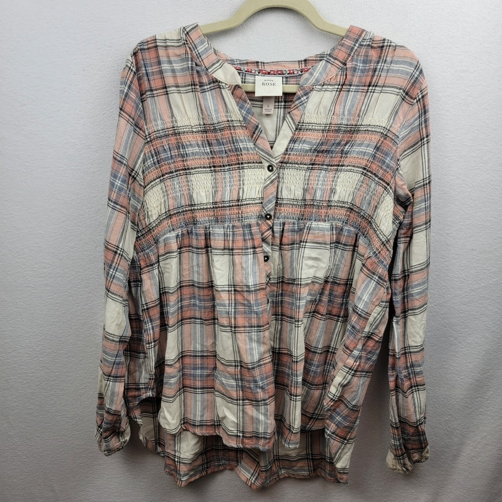 Knox Rose Plaid Long Sleeve Button Down Tunic Top Size Large